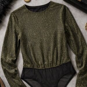 Vintage 80s Victoria’s Secret Gold Metallic Bodysuit Long Sleeve Disco Leotard